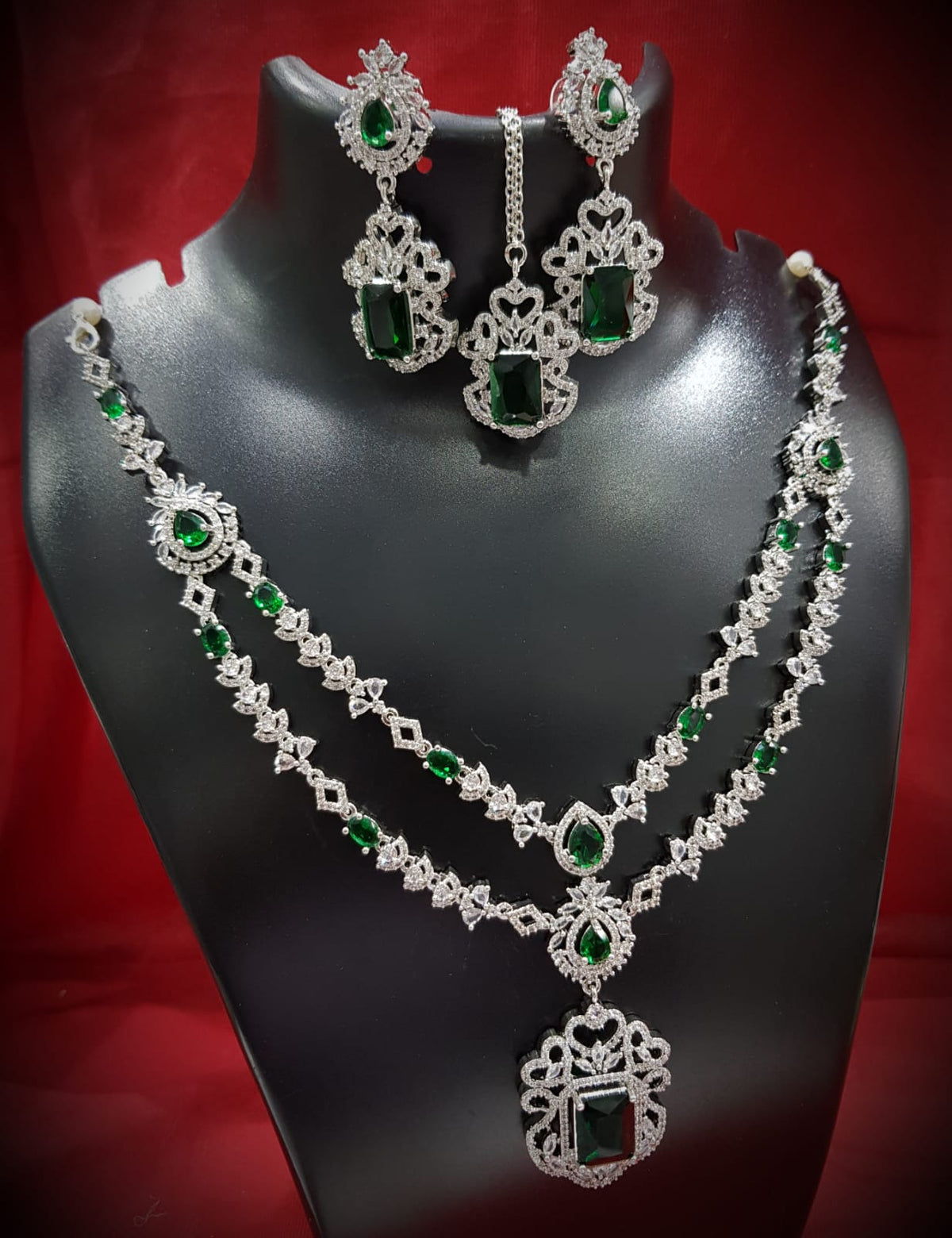 Modern Elegance American Diamond Necklace Pearl Earrings Maangtika Bollywood Model Inspired - Libasaa.com