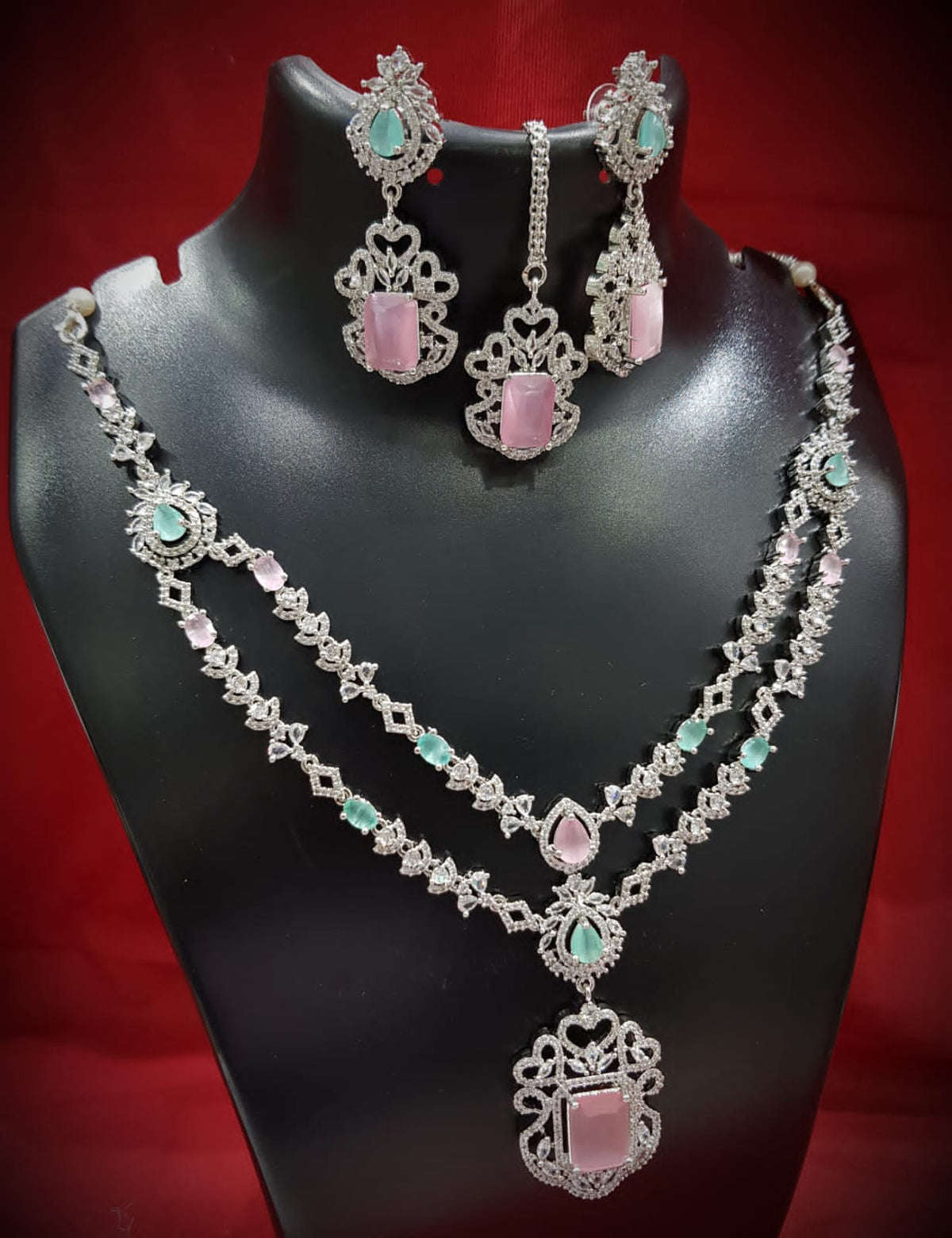 Modern Elegance American Diamond Necklace Pearl Earrings Maangtika Bollywood Model Inspired - Libasaa.com