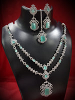 Modern Elegance American Diamond Necklace Pearl Earrings Maangtika Bollywood Model Inspired - Libasaa.com
