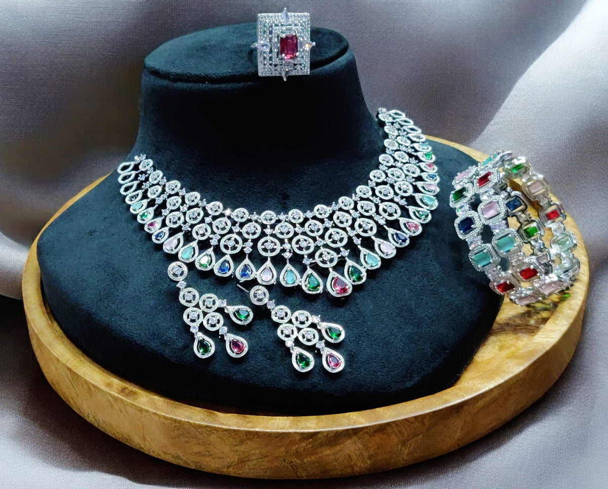 Elegant Bridal CZ Layered Choker Set Matching Earrings Bangle Indian Weddings Inspired - Libasaa.com
