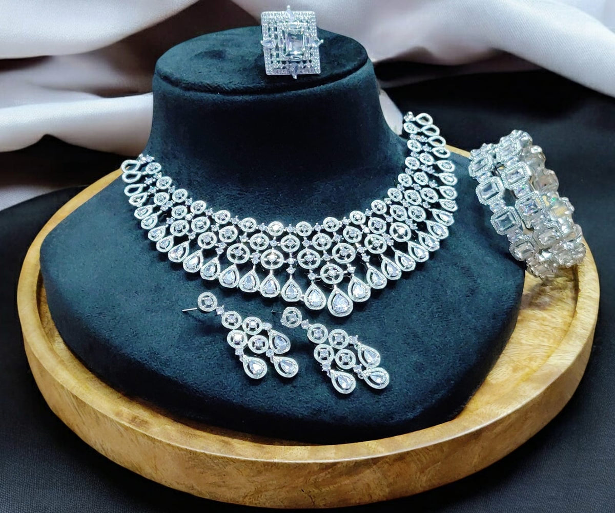 Elegant Bridal CZ Layered Choker Set Matching Earrings Bangle Indian Weddings Inspired - Libasaa.com