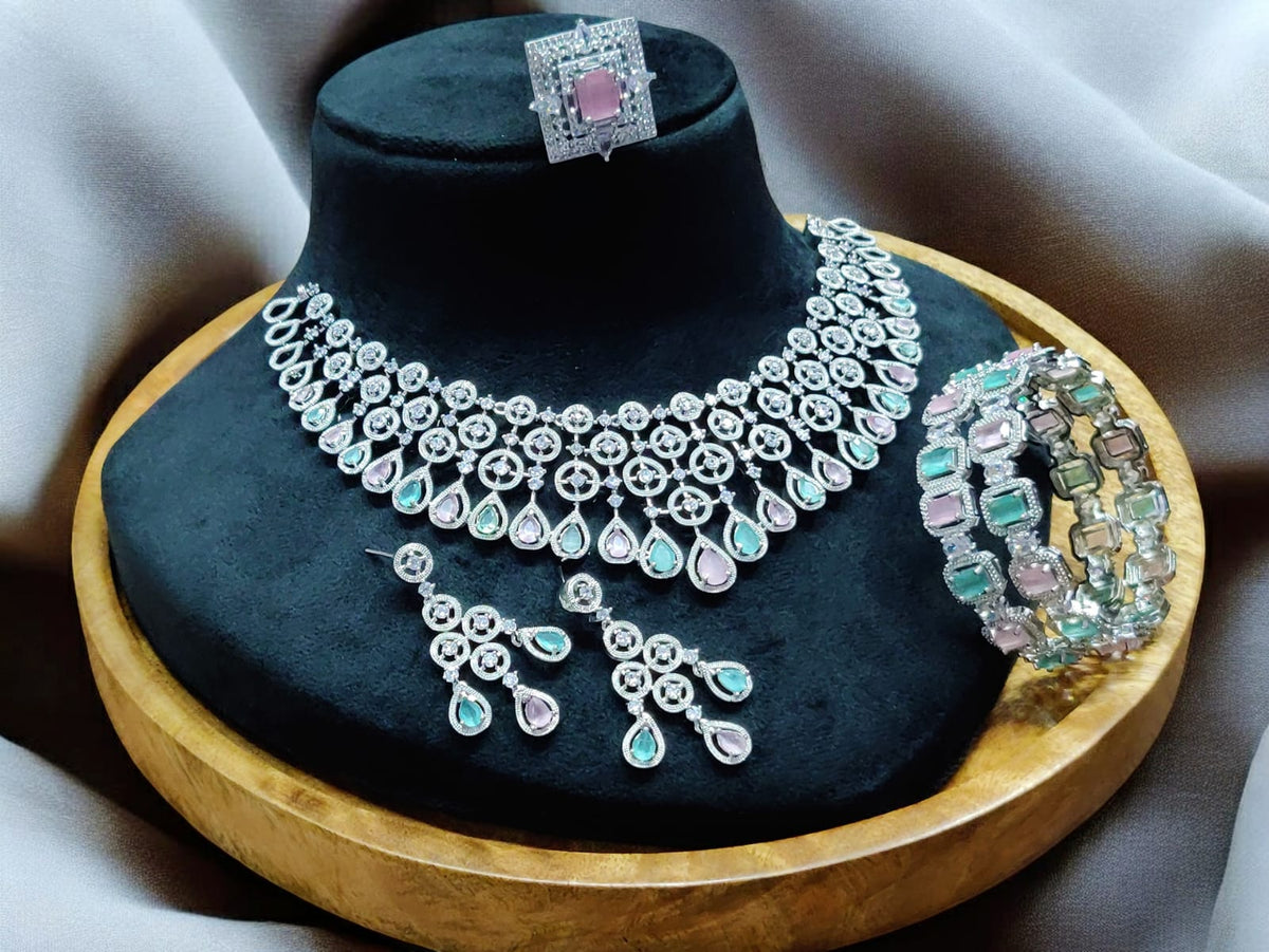 Elegant Bridal CZ Layered Choker Set Matching Earrings Bangle Indian Weddings Inspired - Libasaa.com