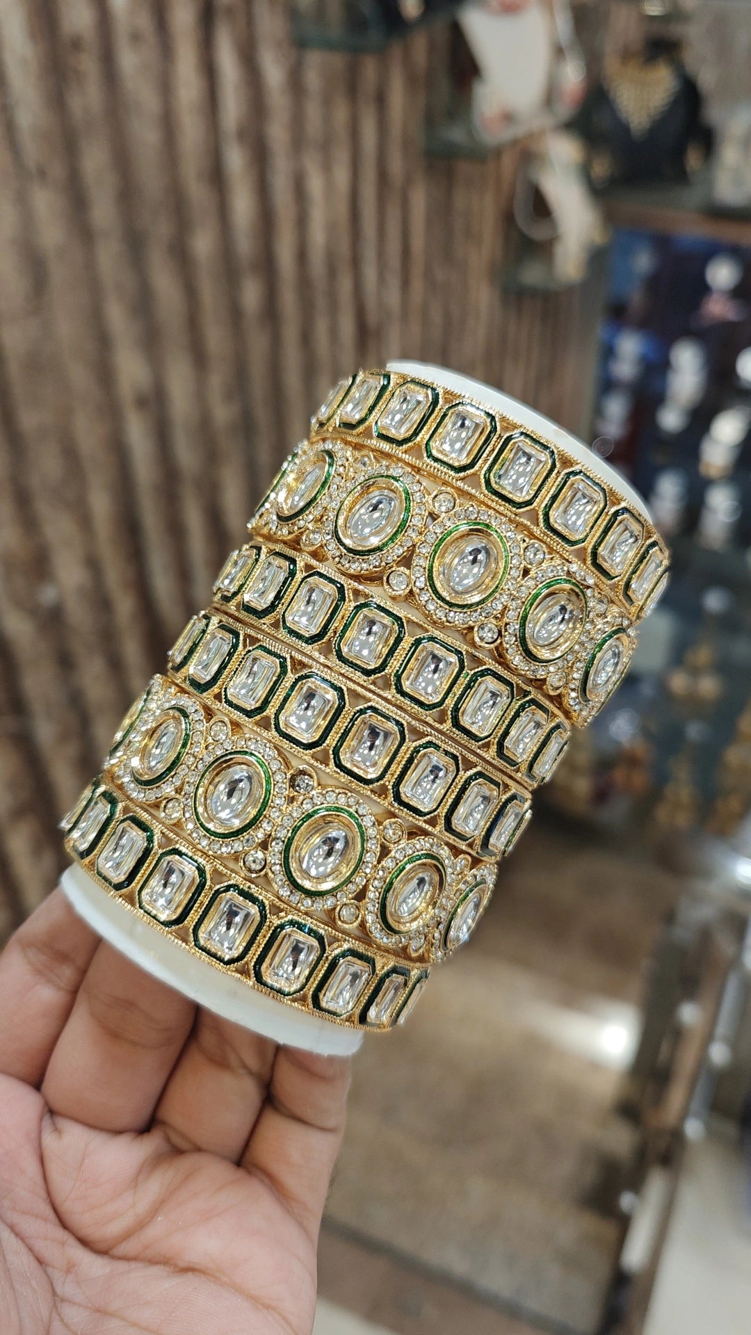 Green Accents Indian Weddings Inspired Golden Bangles Set - Libasaa.com