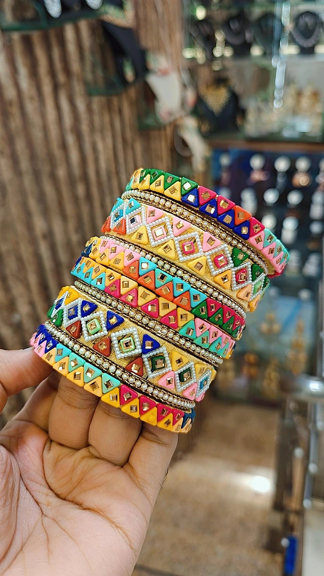 Colorful Handmade Bangles Set Stack Indian Sparkling Stones - Libasaa.com