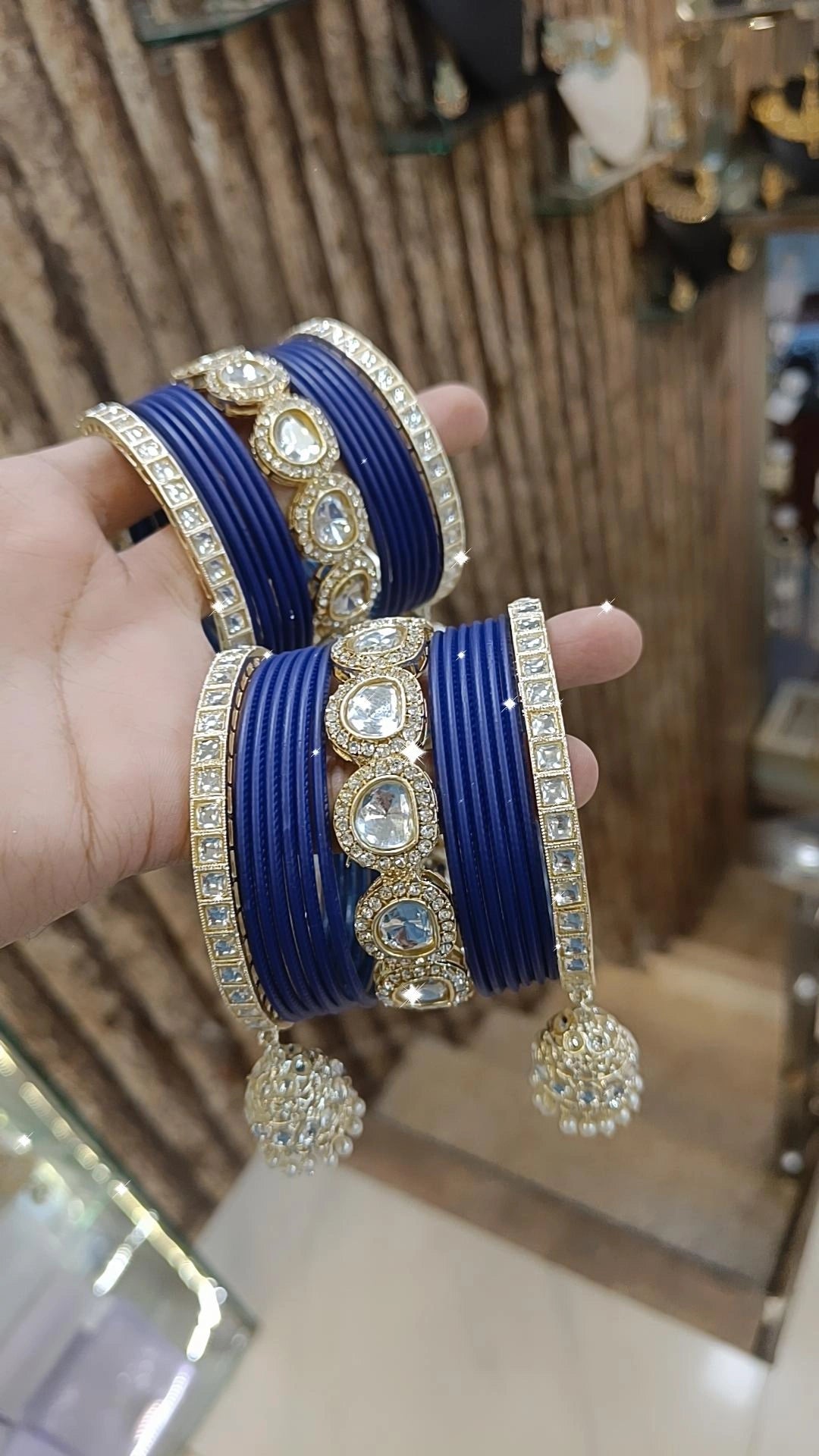 Indian Crystal Carnival Bangles Jhumka Set Bollywood AD Pearl Design - Libasaa.com