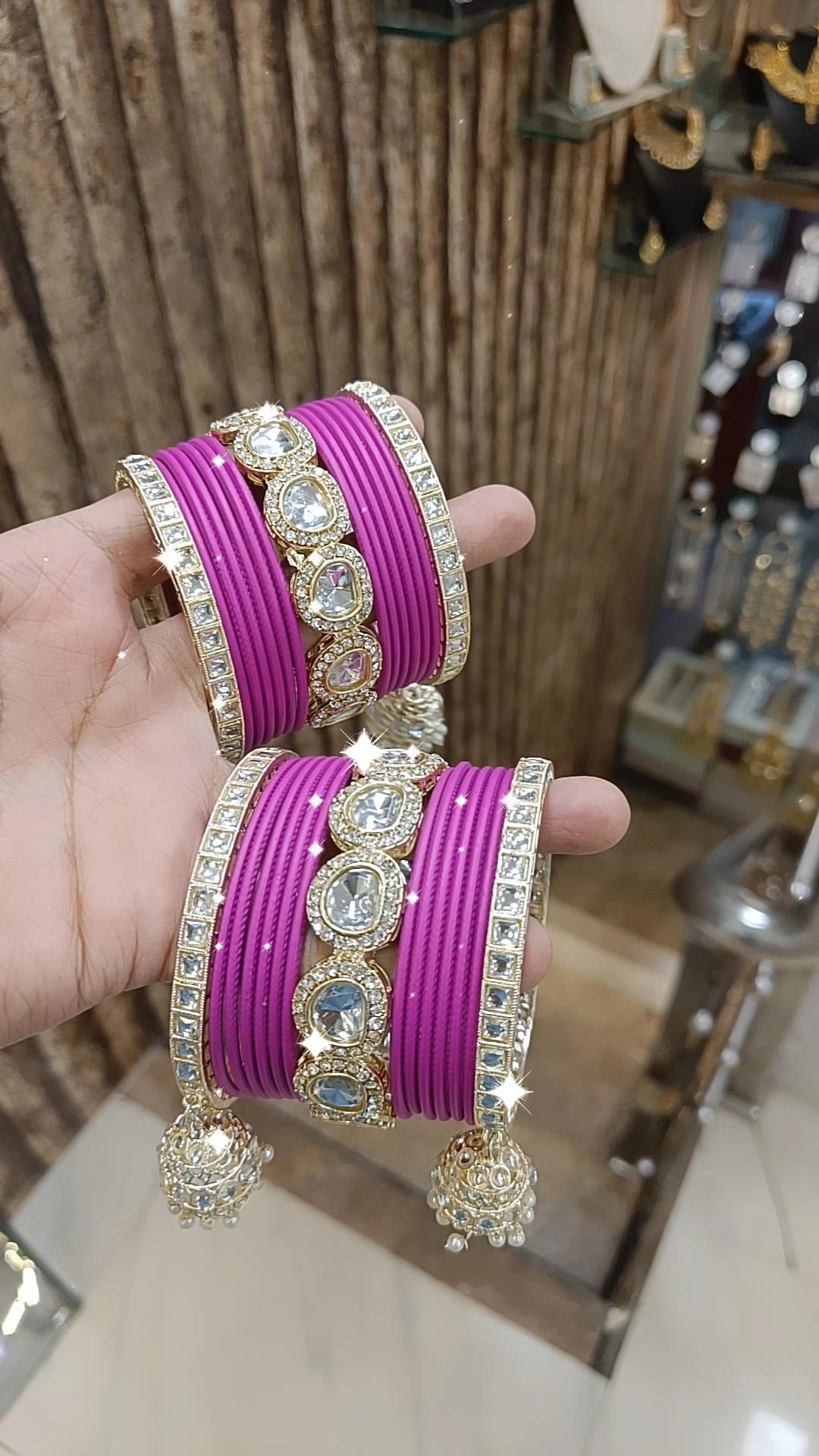 Indian Crystal Carnival Bangles Jhumka Set Bollywood AD Pearl Design - Libasaa.com