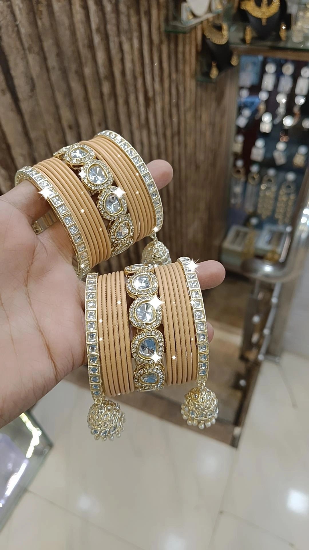 Indian Crystal Carnival Bangles Jhumka Set Bollywood AD Pearl Design - Libasaa.com