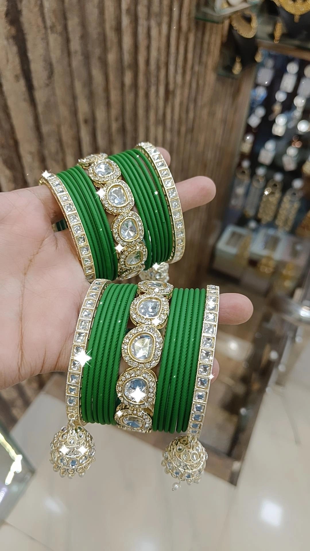Indian Crystal Carnival Bangles Jhumka Set Bollywood AD Pearl Design - Libasaa.com