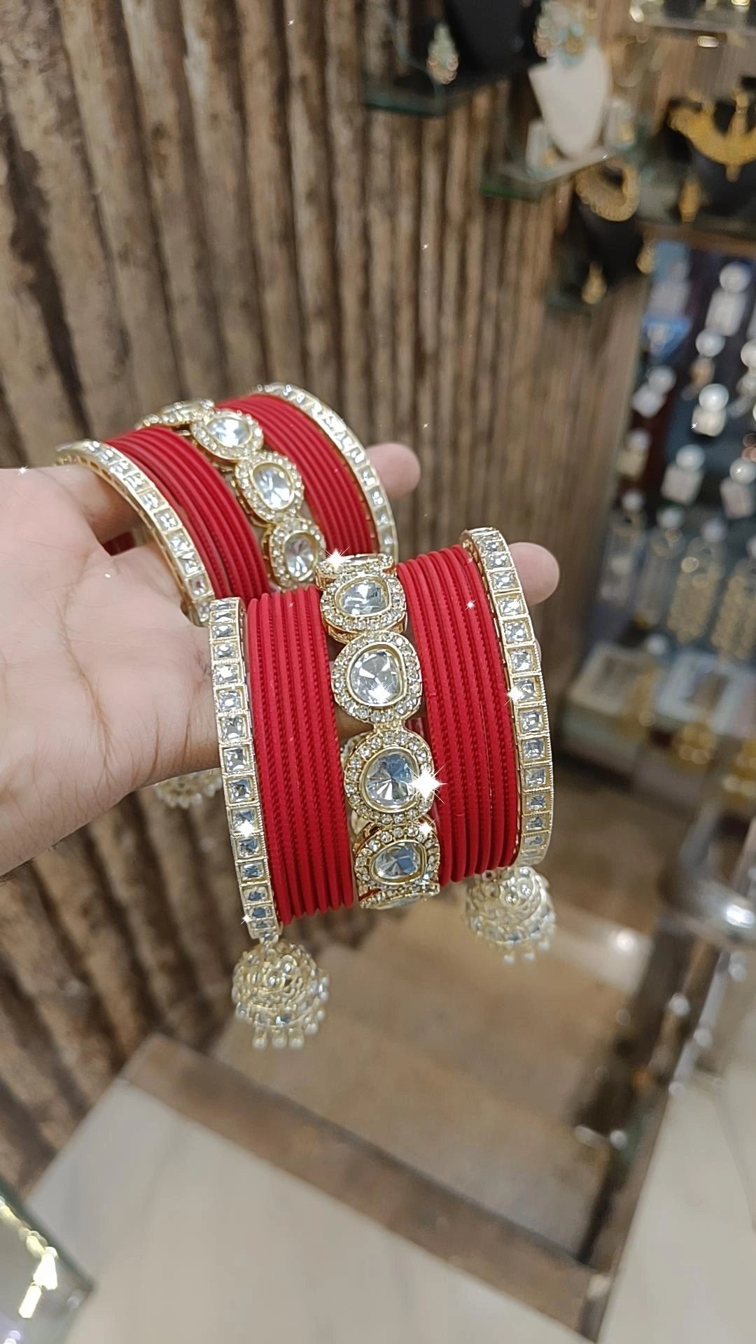 Indian Crystal Carnival Bangles Jhumka Set Bollywood AD Pearl Design - Libasaa.com