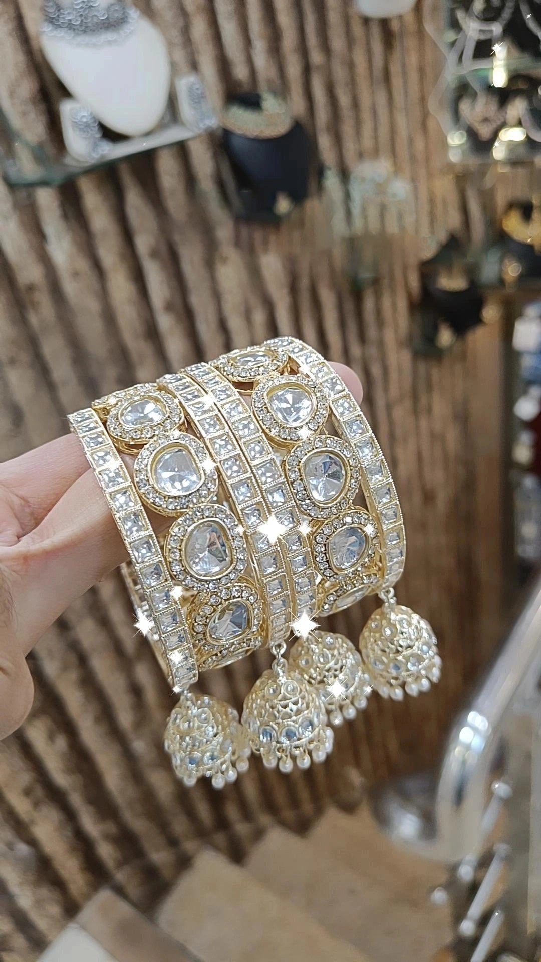 American Diamond Dazzle Pearl Bangles Jhumka Set Weddings Crystal Jewelry - Libasaa.com