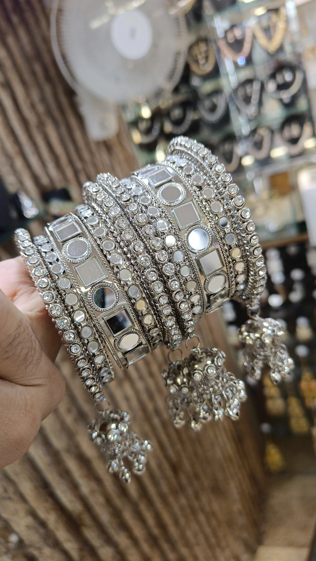 Bollywood Mirror Work Kundan Bridal Bangle Silver Beaded Design Jhumka - Libasaa.com