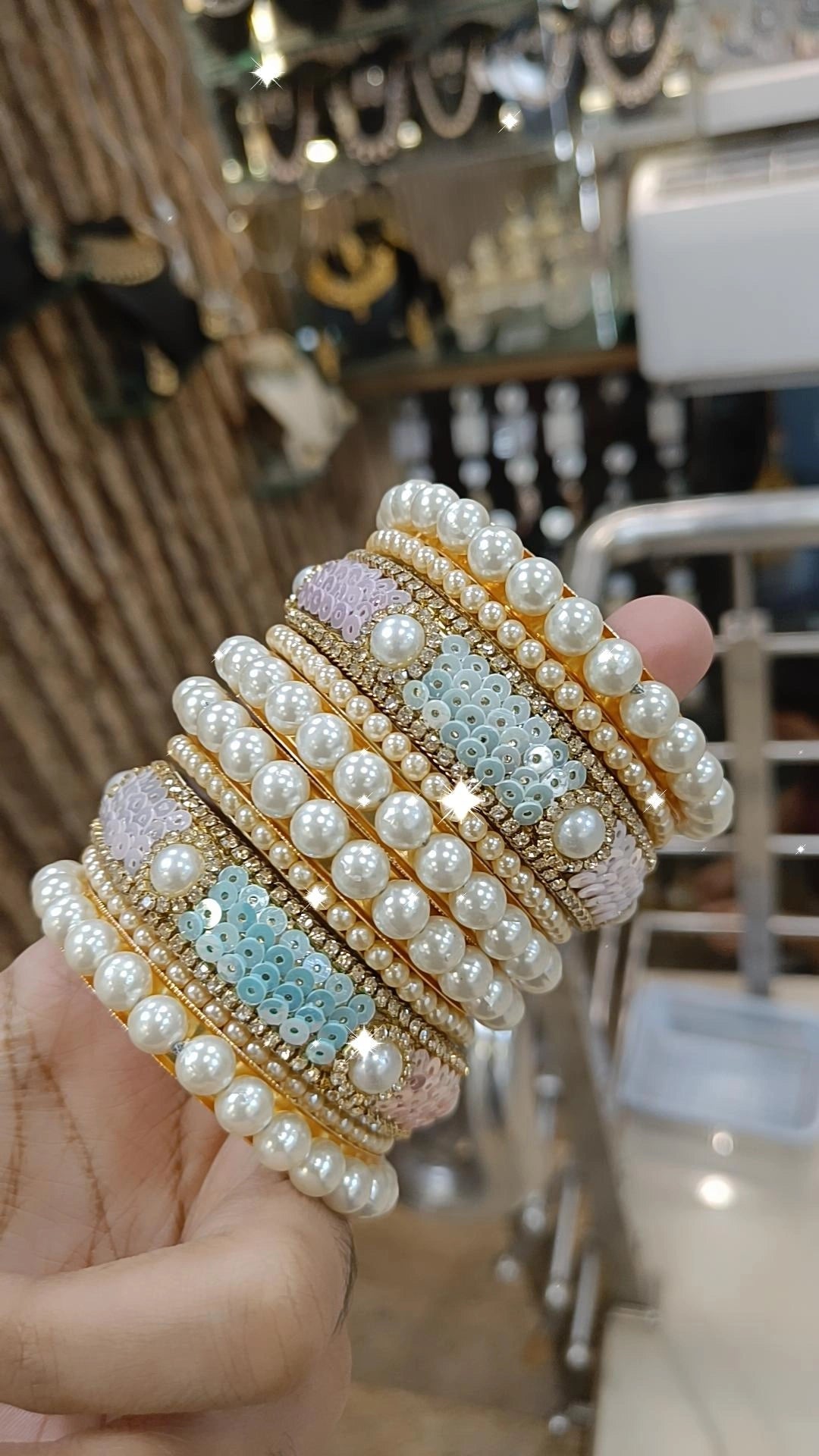Pakistani Pearl Bridal Bangles with Crystal Detailing Dangling Charms - Libasaa.com