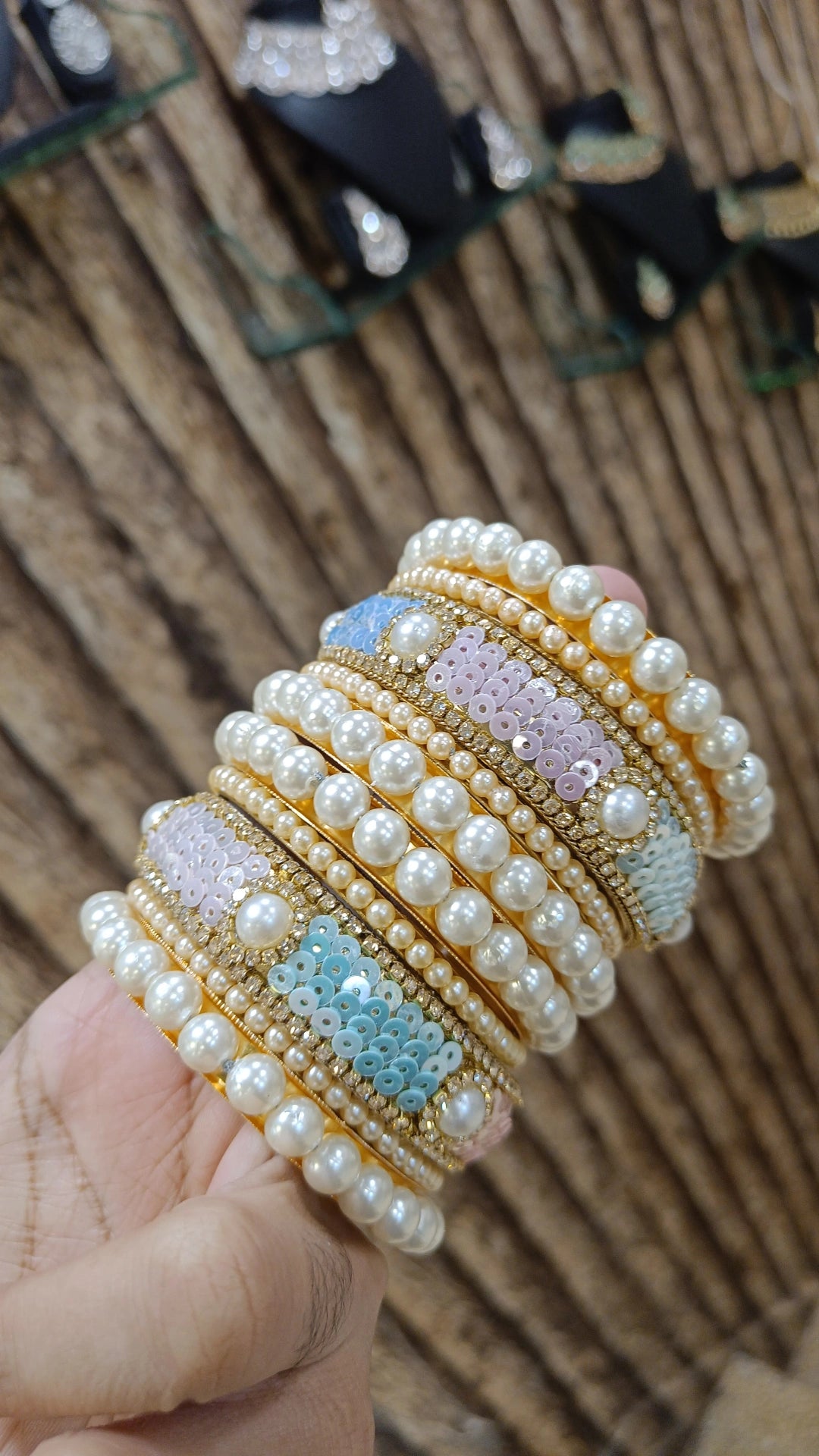 Pakistani Pearl Bridal Bangles with Crystal Detailing Dangling Charms - Libasaa.com