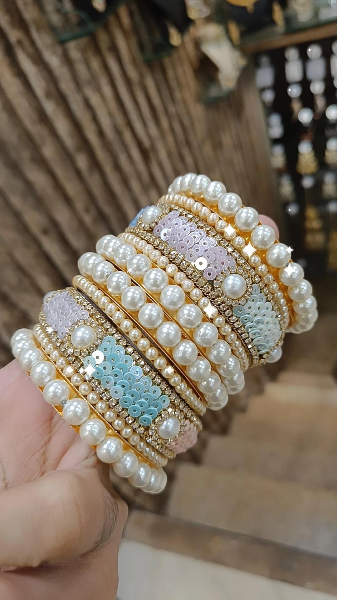 Pakistani Pearl Bridal Bangles with Crystal Detailing Dangling Charms - Libasaa.com