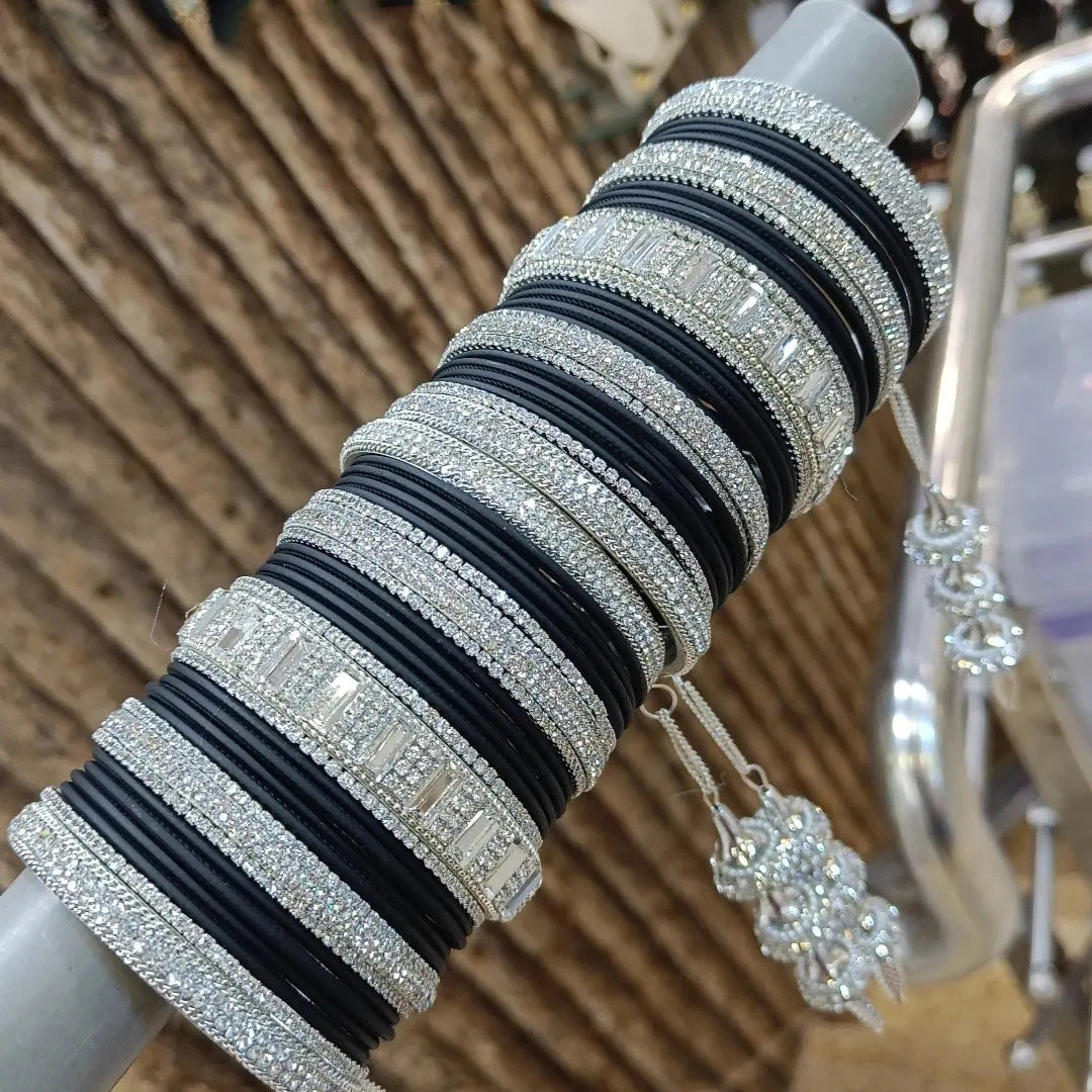 Luxurious Black Amrican Diamond Bangles Set - Crystal Jewellery - Libasaa.com