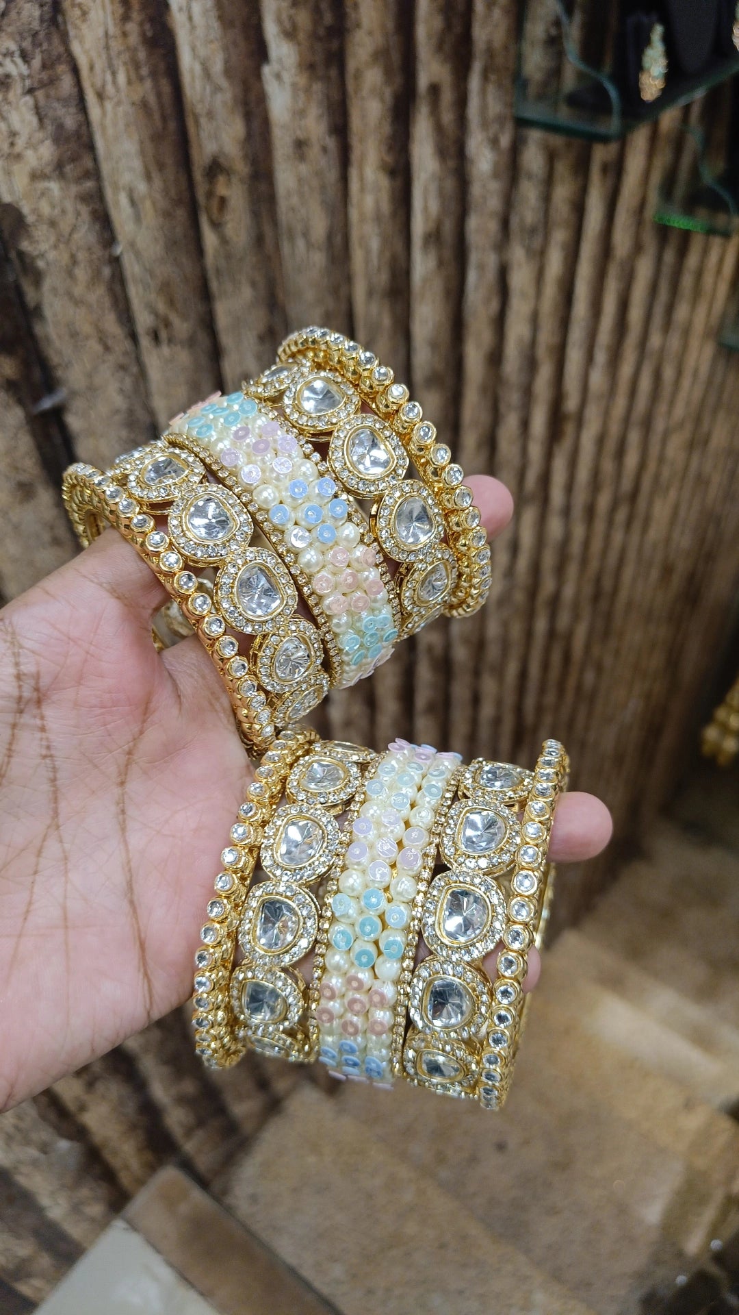 Exquisitely Crafted Pearl Multi Gemstone Gold Plated Bangles - Libasaa.com