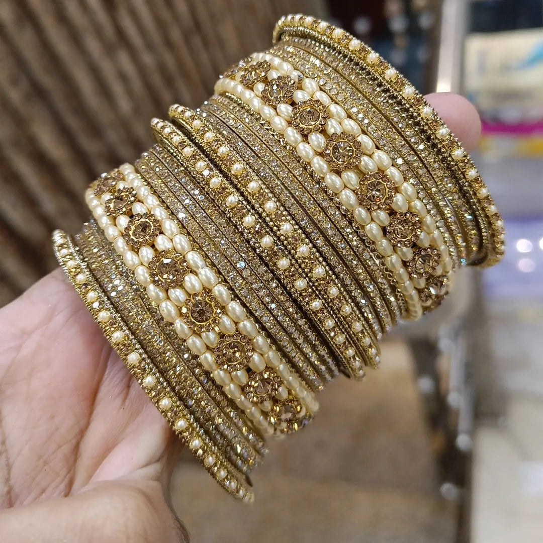 Radiate Royalty Golden Pearl Bangles Indian Jewelry Set - Libasaa.com