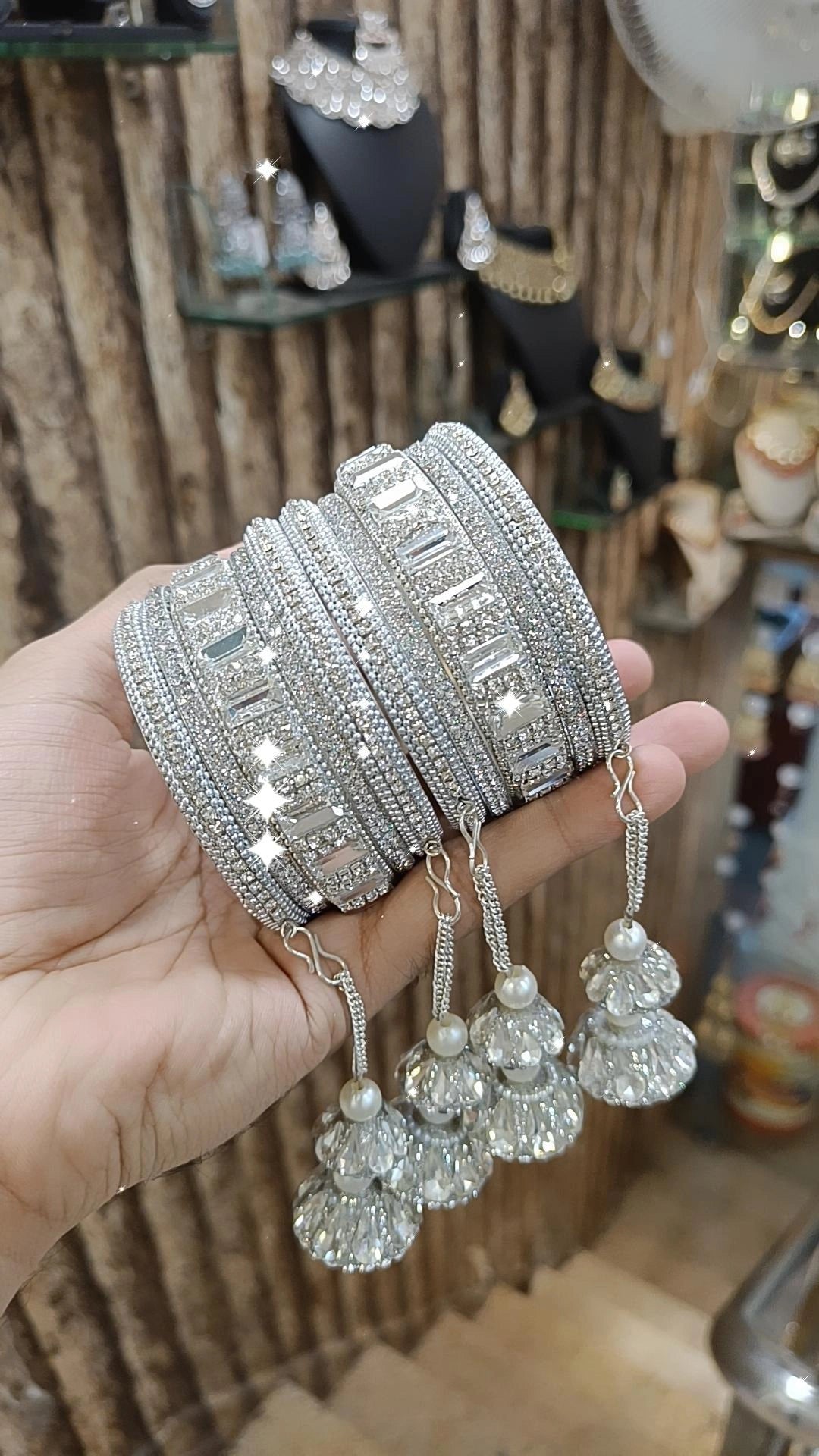 Pakistani Pearl Bridal Bangles with Crystal Beads Elegant Hangings - Libasaa.com