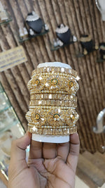 Gold Bangle Set with Pearls American Diamonds - Indian Bangles - Libasaa.com