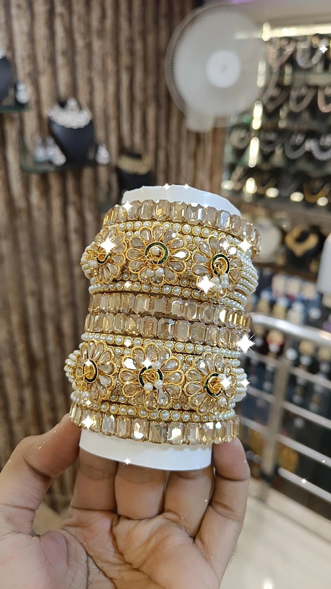 Gold Bangle Set with Pearls American Diamonds - Indian Bangles - Libasaa.com