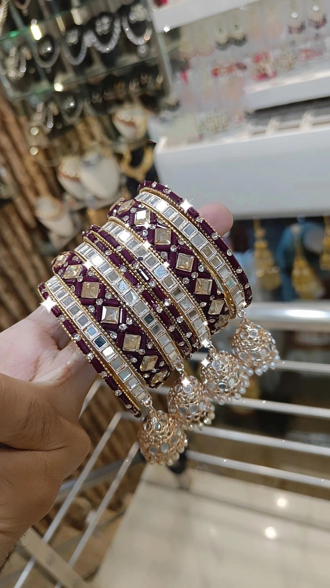 Intricate Mirror Accents Bangles Design With Tassel Detail - Libasaa.com