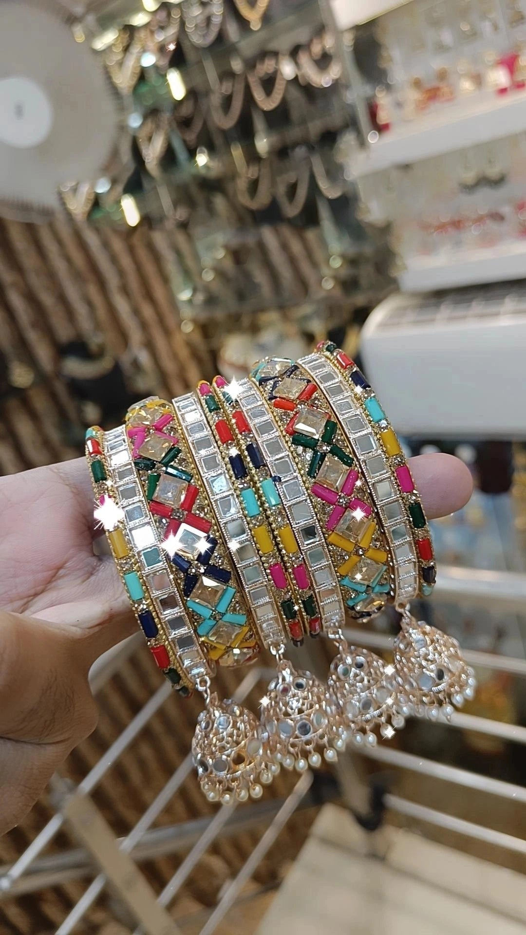 Intricate Mirror Accents Bangles Design With Tassel Detail - Libasaa.com