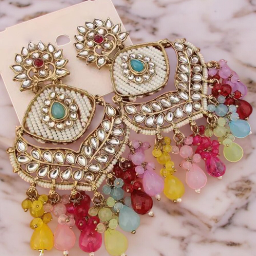 Kundan Pearl Stone Beaded Earrings Set, Indian Earrings, pearl Earrings, Pakistani Earrings, Statement Earrings, Long chandelier, Indian wedding - Libasaa.com