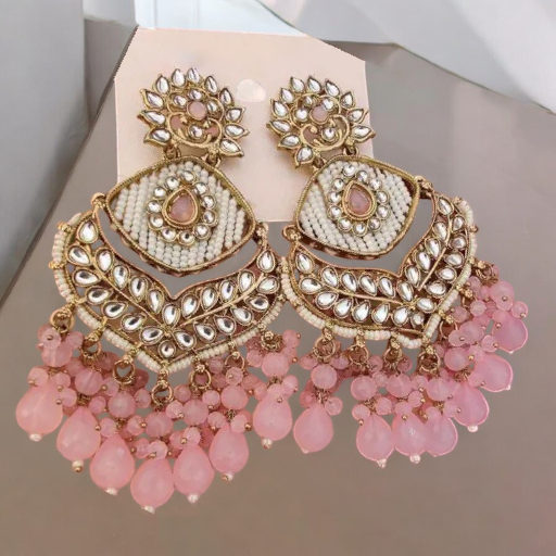 Kundan Pearl Stone Beaded Earrings Set, Indian Earrings, pearl Earrings, Pakistani Earrings, Statement Earrings, Long chandelier, Indian wedding - Libasaa.com