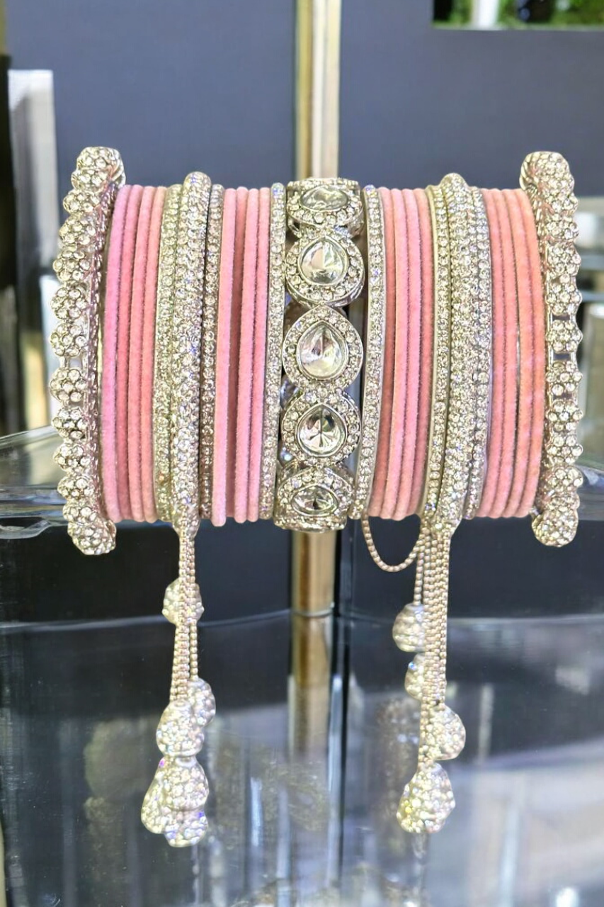Bridal American Diamond Chura Bangle Set, AD Bangle, AD Chura, CZ Bangle Set, CZ Chura Set, Indian American Diamond Bangles - Libasaa.com