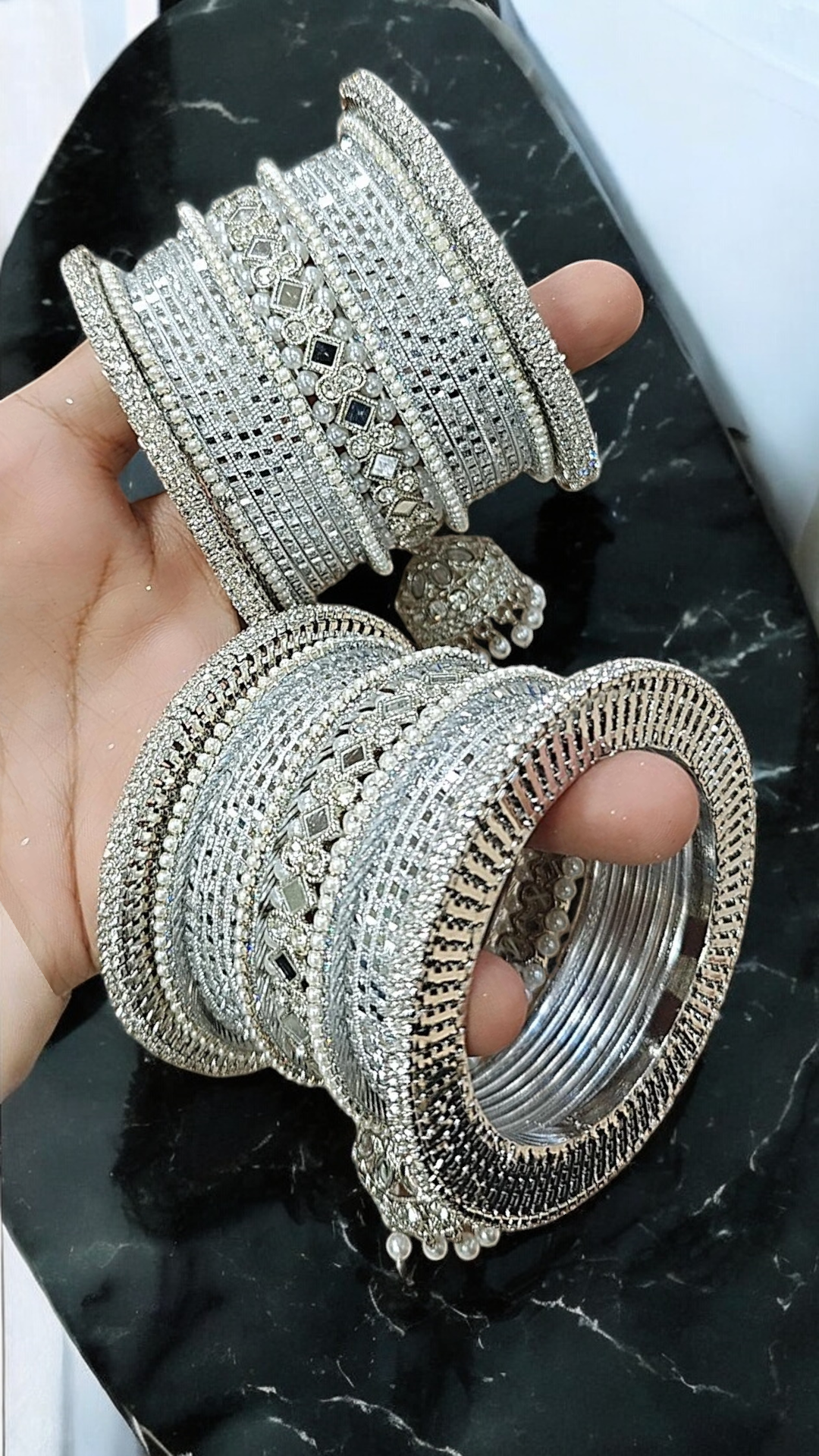 Silver Pearl Pakistani Wedding Bangles, Indian Bangle Collection, Silver Bangle Sets, Bridal Sets, Pakistani Jewelley, Fashion Bracelet - Libasaa.com