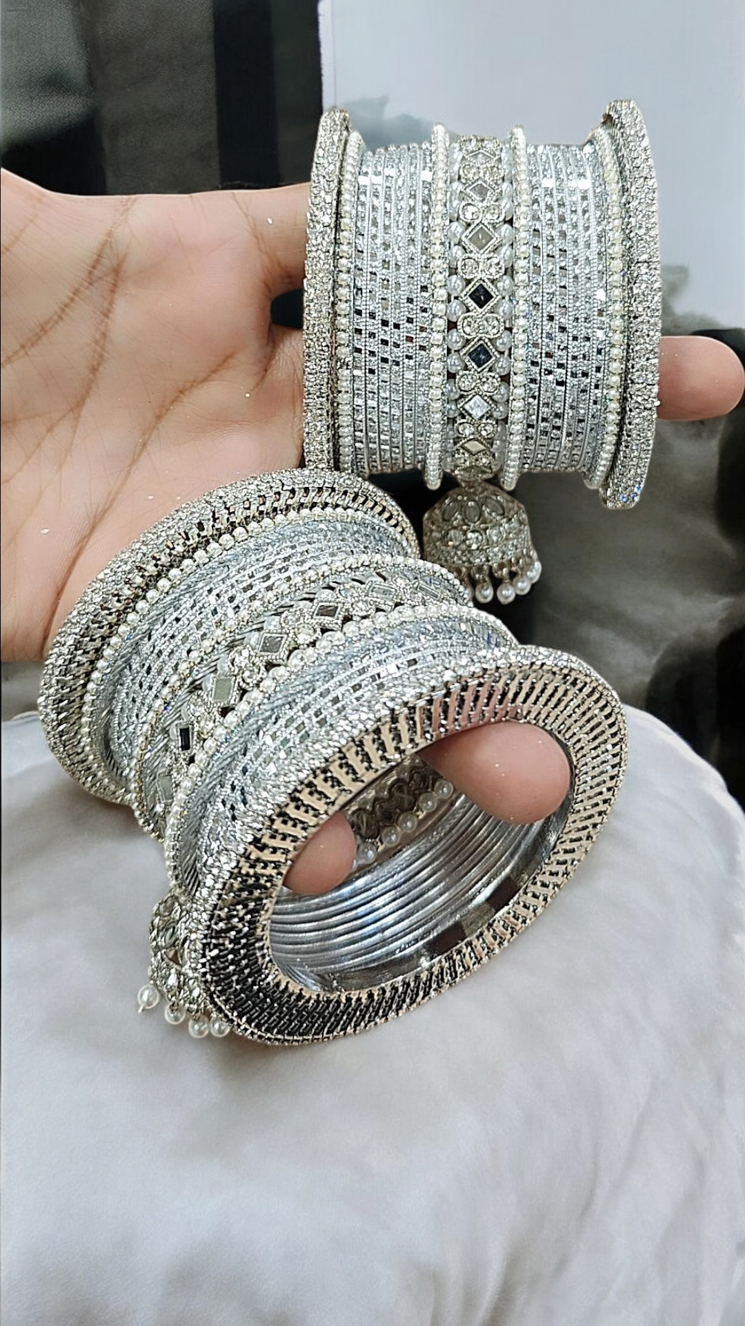 Silver Pearl Pakistani Wedding Bangles, Indian Bangle Collection, Silver Bangle Sets, Bridal Sets, Pakistani Jewelley, Fashion Bracelet - Libasaa.com