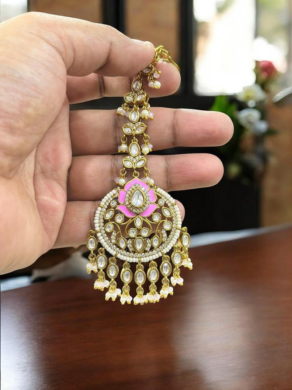 Golden & Pink Kundan Maang Tikka with Pearls | Bridal & Festive Hair Jewelry - Libasaa.com