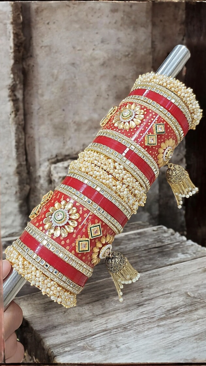 Beautiful Paki Red Velvet Bangles Stack, Bangles, Pearl Kundan Jhumki Kangan, Indian Jewellery Bridal Bangle Stack, Wedding Jewelry - Libasaa.com