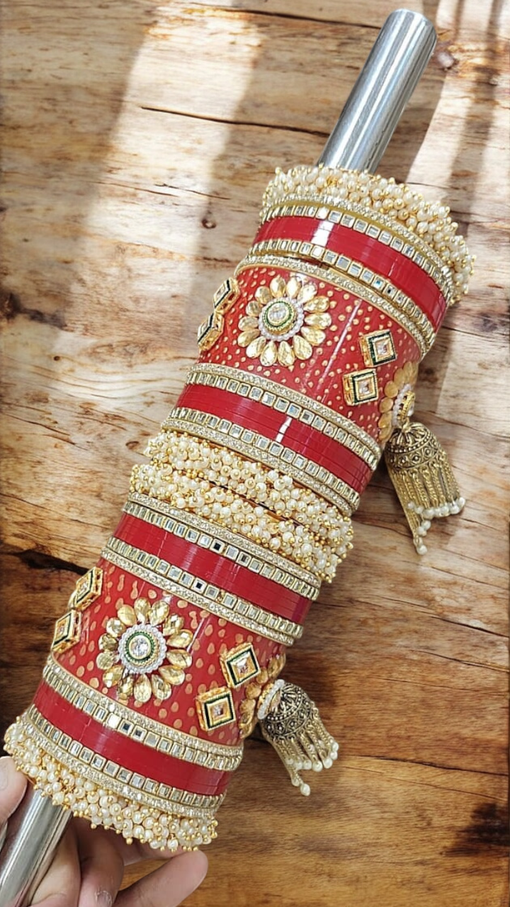 Beautiful Paki Red Velvet Bangles Stack, Bangles, Pearl Kundan Jhumki Kangan, Indian Jewellery Bridal Bangle Stack, Wedding Jewelry - Libasaa.com