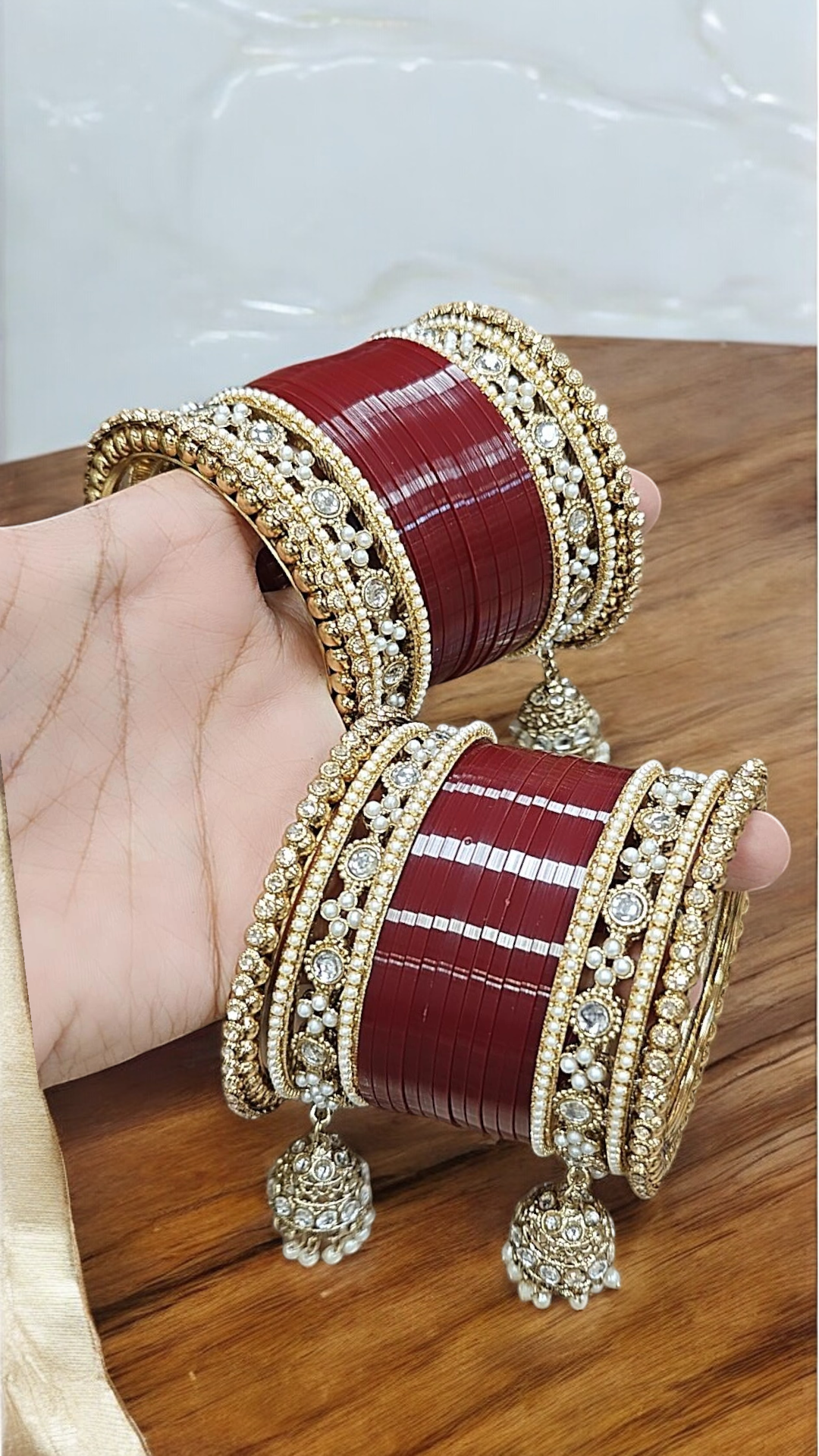 Pearl Bridal kundan Bangle Jhumki set, Punjabi Kada Set, Indian Chura. Bridal Bangle Jewellery, Wedding Kada, Indian Jewelry Set - Libasaa.com