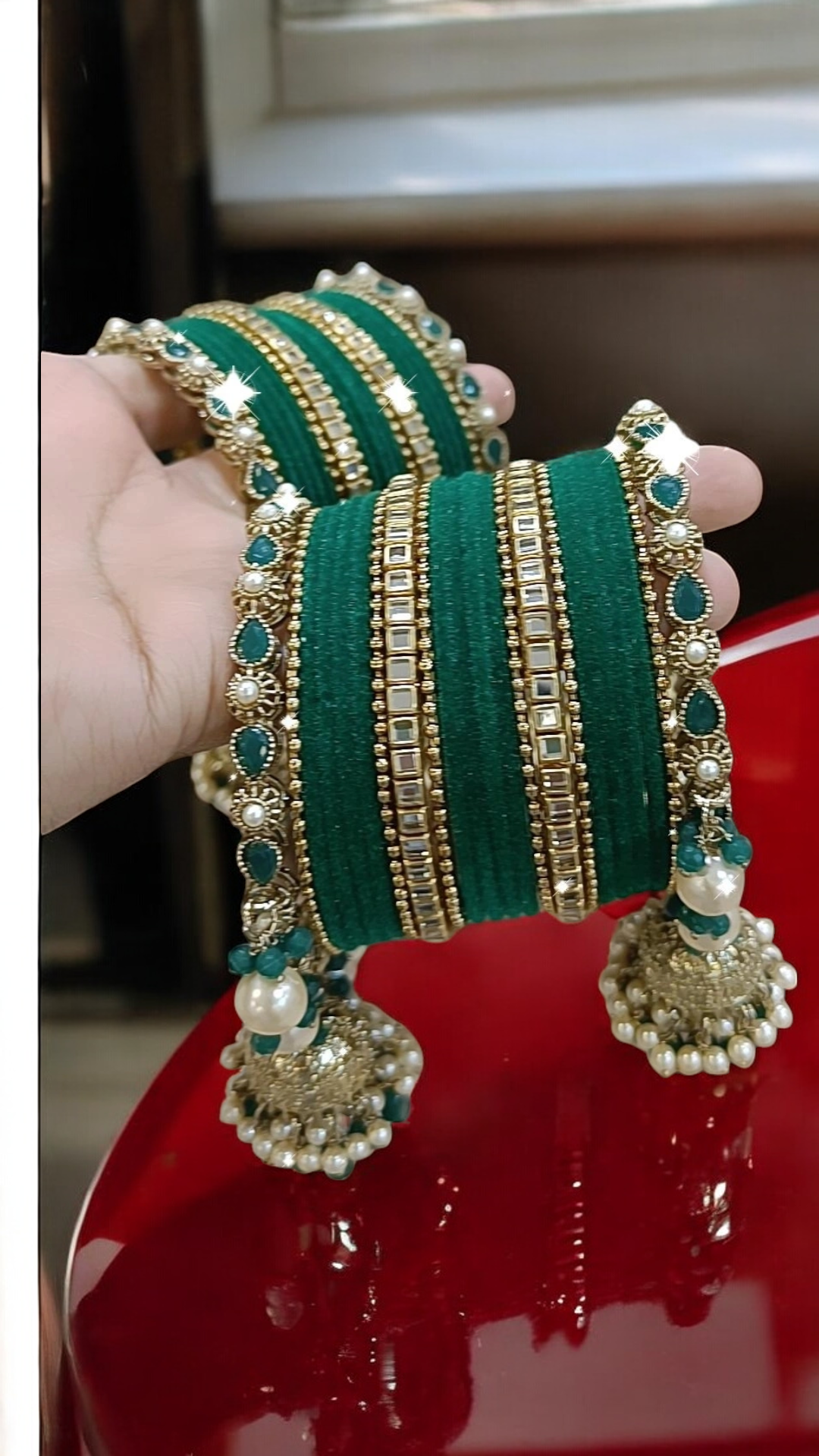 Bridal Jewellery Indian Bangle Jhumki Set, Pearl Chooda Set, Green