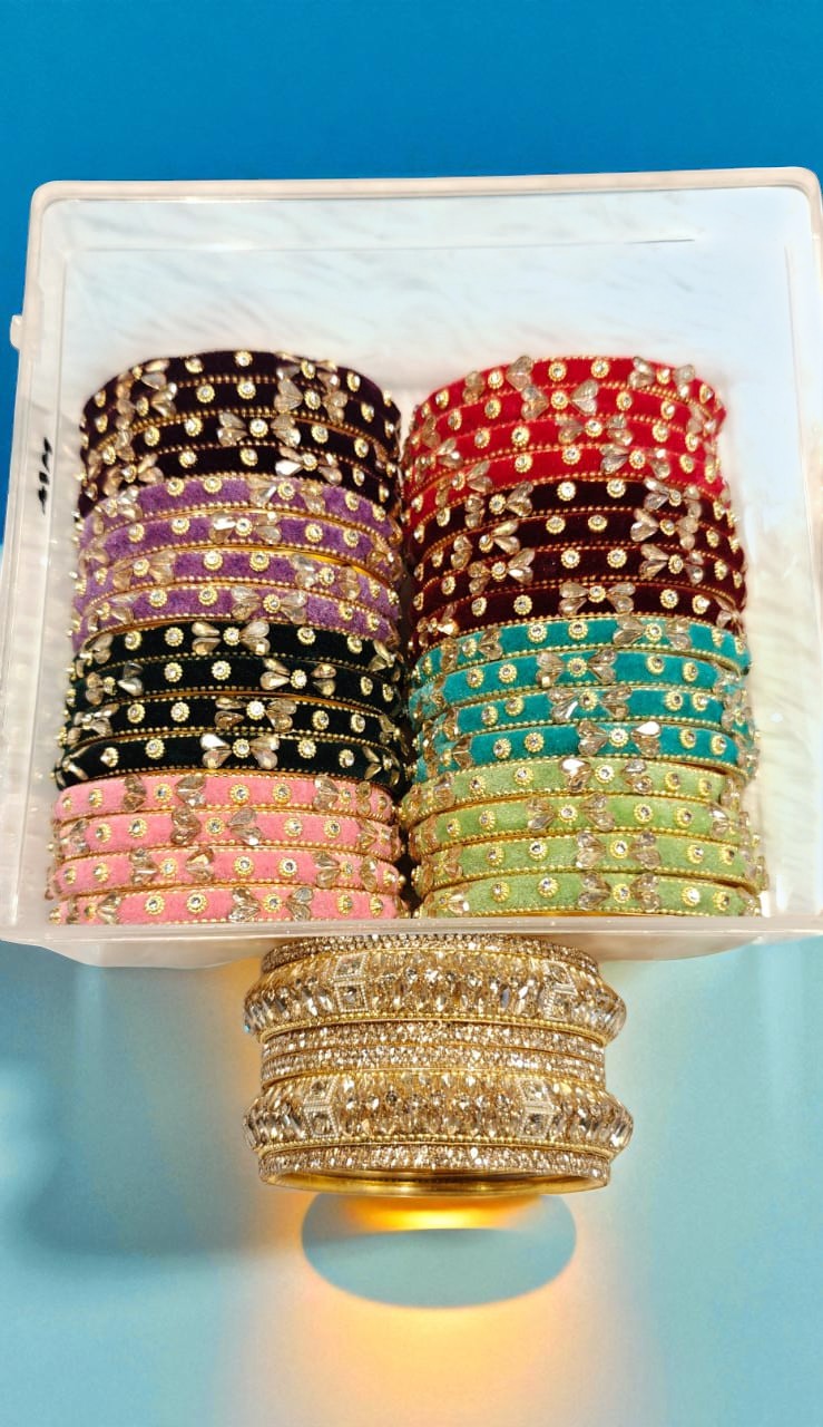 Moon Velvet Bangles Set, Indian Bridal Bangle Set, Zari Velvet Bangles, Pakistani Bangles Combo, Traditional Indian Jewelry