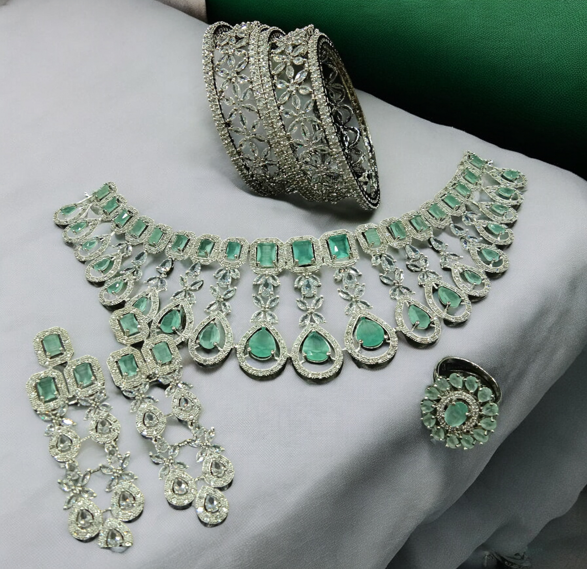 American Diamond CZ Jewelry Indian Necklace Earrings Ring Bangle Set, Cz Earrings, CZ necklace, AD Ring, AD Bangle, Bridal Jewelry - Libasaa.com