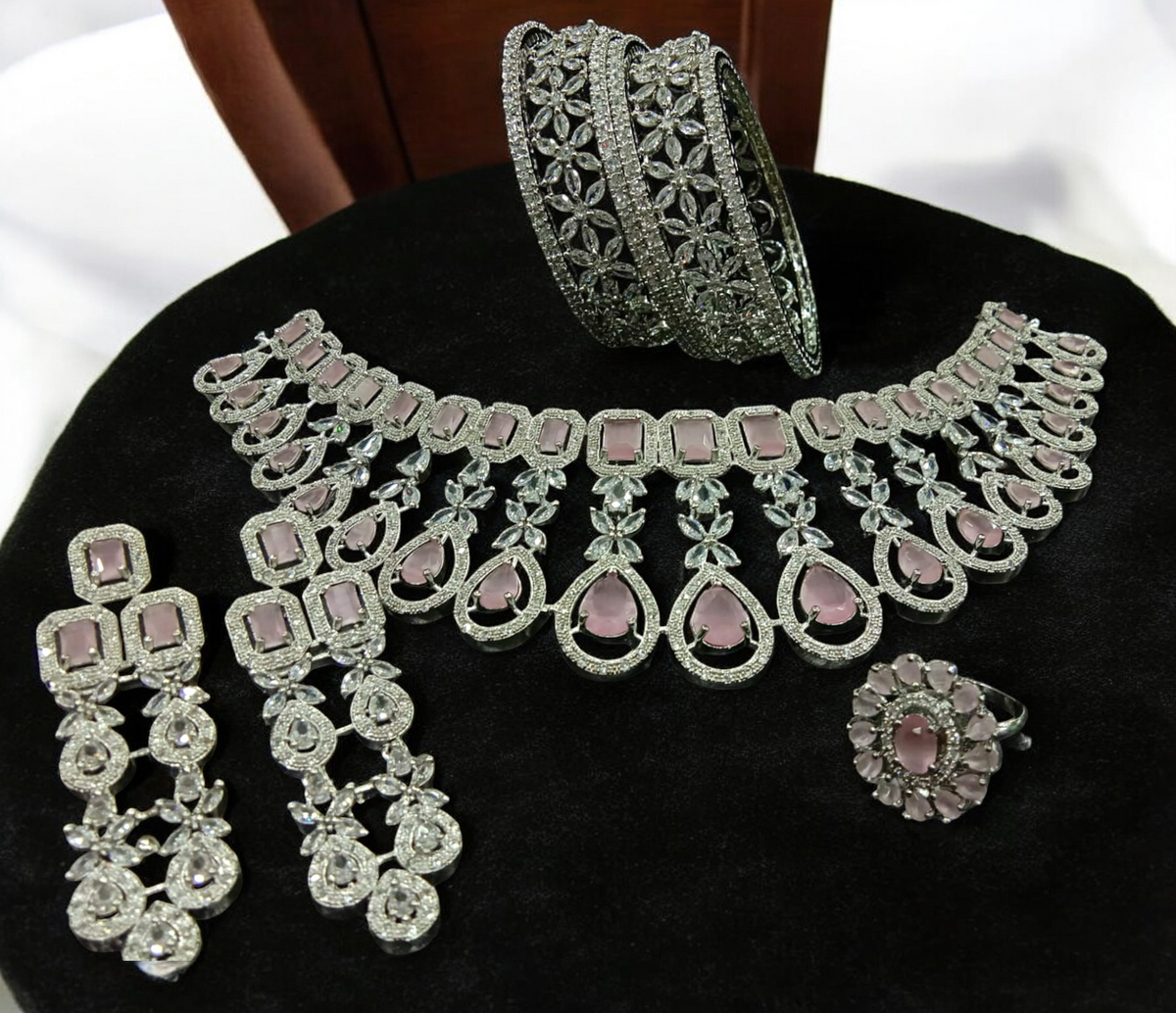 American Diamond CZ Jewelry Indian Necklace Earrings Ring Bangle Set, Cz Earrings, CZ necklace, AD Ring, AD Bangle, Bridal Jewelry - Libasaa.com