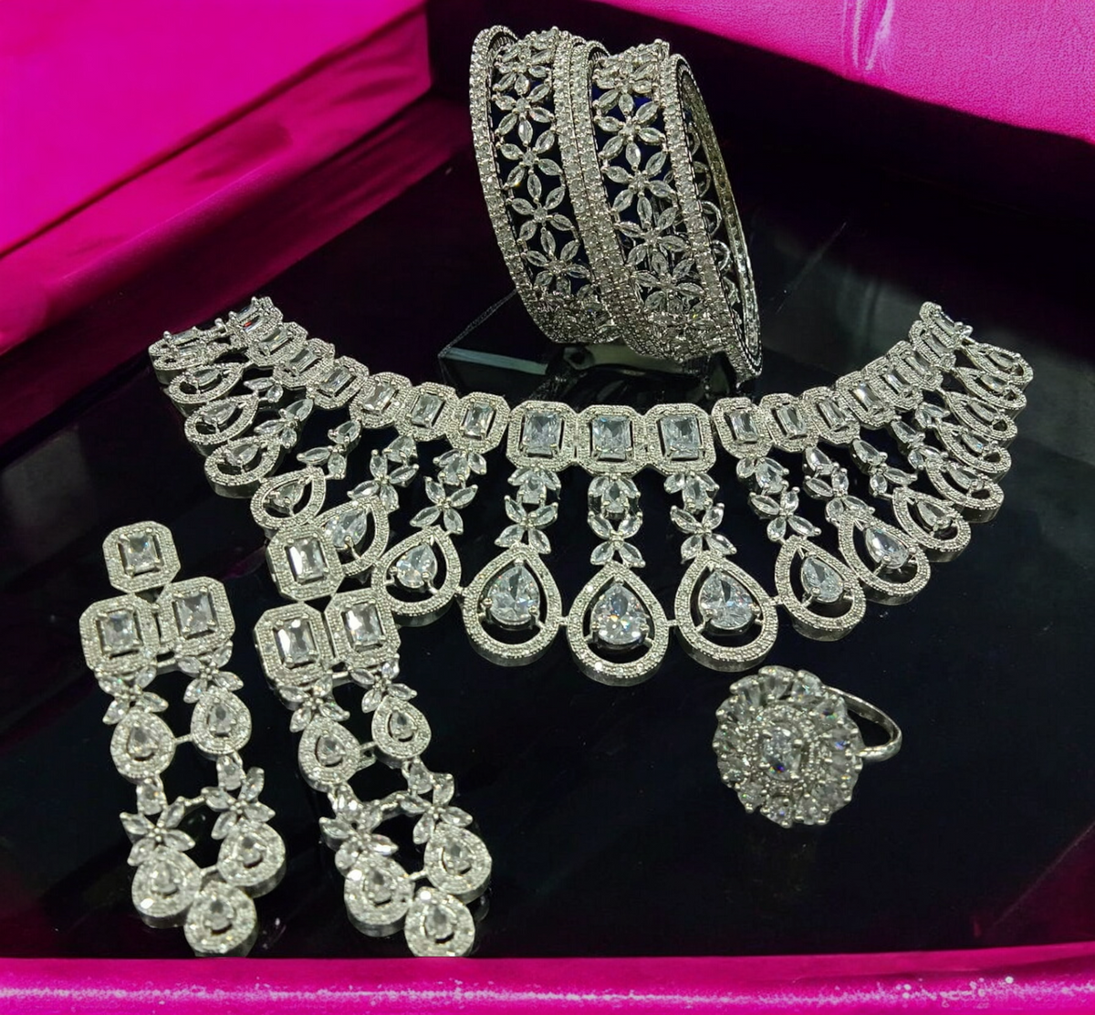 American Diamond CZ Jewelry Indian Necklace Earrings Ring Bangle Set, Cz Earrings, CZ necklace, AD Ring, AD Bangle, Bridal Jewelry - Libasaa.com