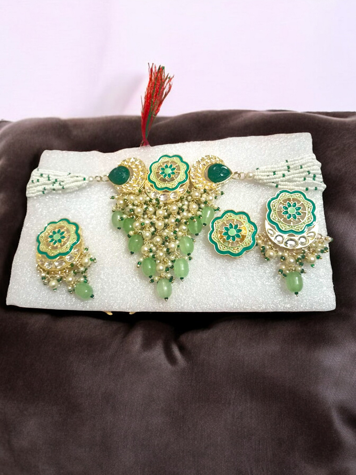 Green Meenakari Pearl Bridal Necklace Earring Ring Set, jaipuri jewellery, long necklace earring set, Indian jewellery - Libasaa.com