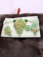 Green Meenakari Pearl Bridal Necklace Earring Ring Set, jaipuri jewellery, long necklace earring set, Indian jewellery - Libasaa.com