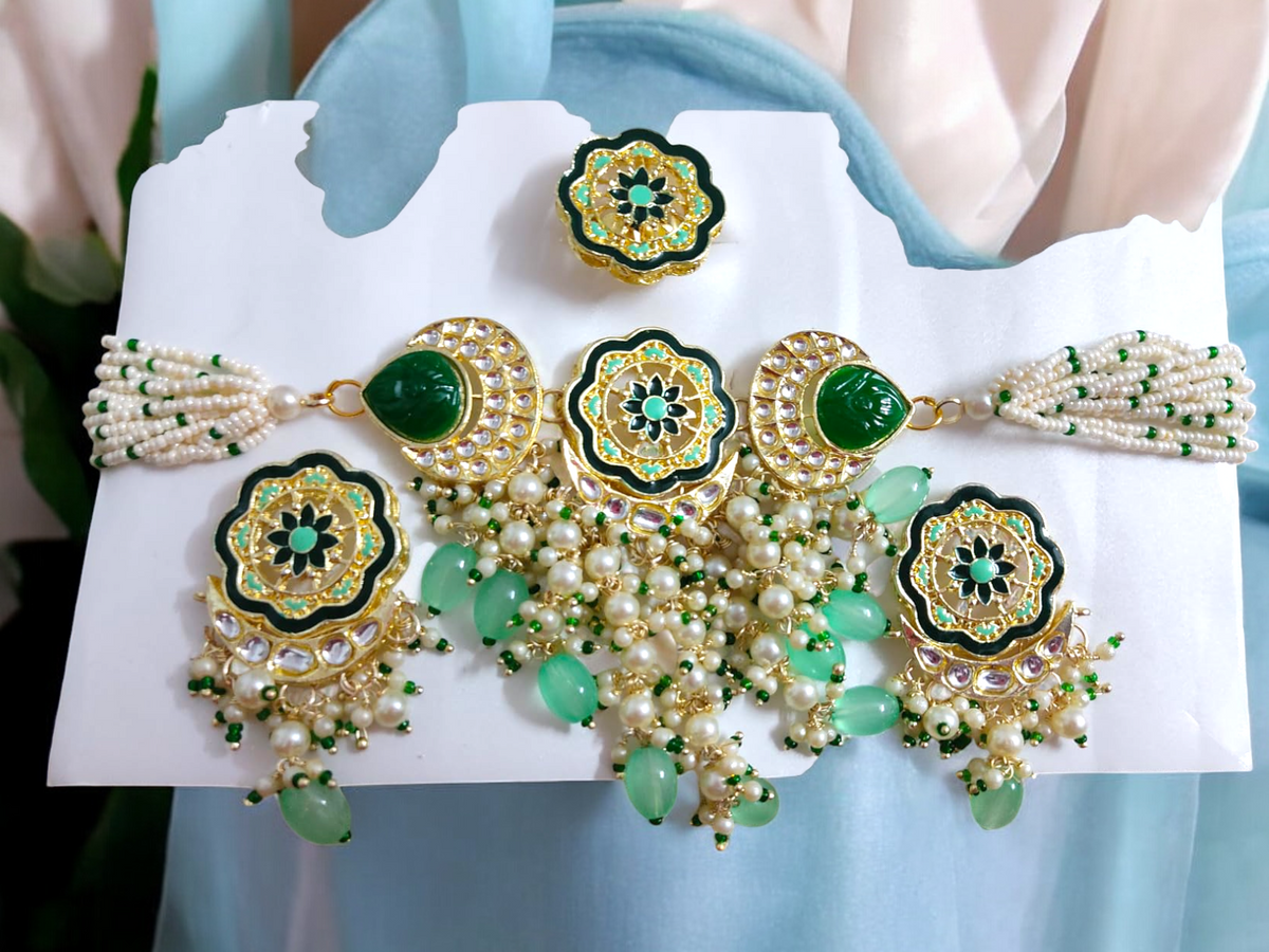 Green Meenakari Pearl Bridal Necklace Earring Ring Set, jaipuri jewellery, long necklace earring set, Indian jewellery - Libasaa.com