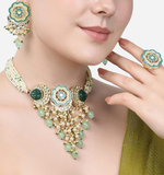 Green Meenakari Pearl Bridal Necklace Earring Ring Set, jaipuri jewellery, long necklace earring set, Indian jewellery - Libasaa.com