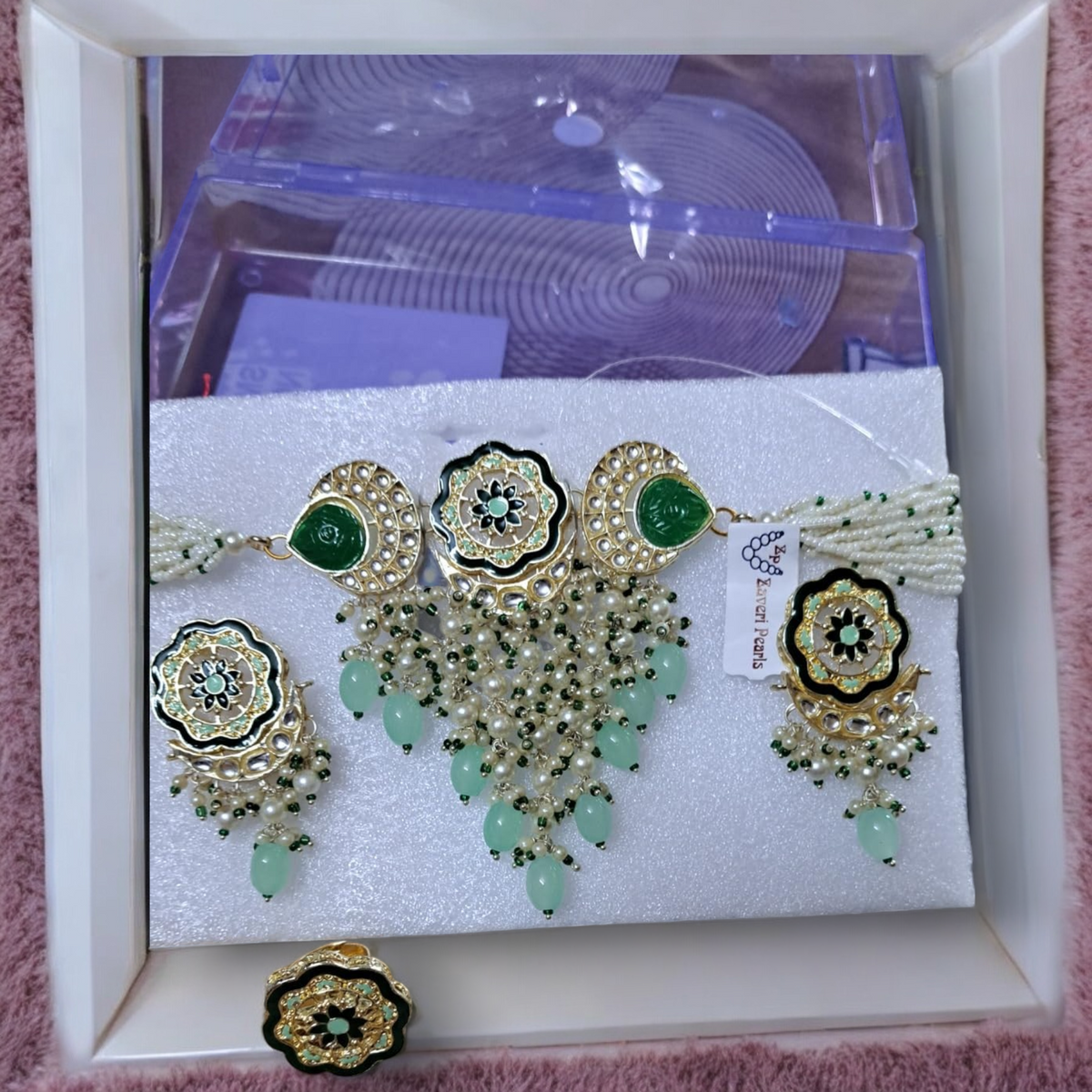 Green Meenakari Pearl Bridal Necklace Earring Ring Set, jaipuri jewellery, long necklace earring set, Indian jewellery - Libasaa.com