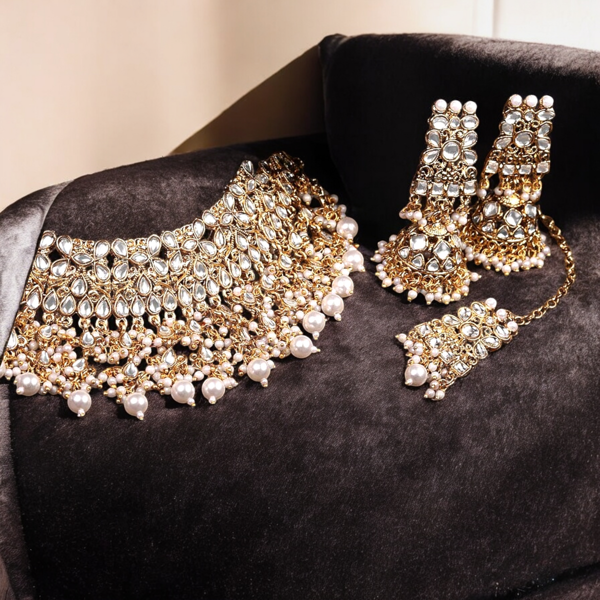 Gold Tone Kundan Pearls Bridal Choker Necklace Set, Choker Set, Wedding Choker Earring Set, Bridal Necklace Earring Set, Wedding Jewelry - Libasaa.com