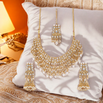 Gold Tone Kundan Pearls Bridal Choker Necklace Set, Choker Set, Wedding Choker Earring Set, Bridal Necklace Earring Set, Wedding Jewelry - Libasaa.com