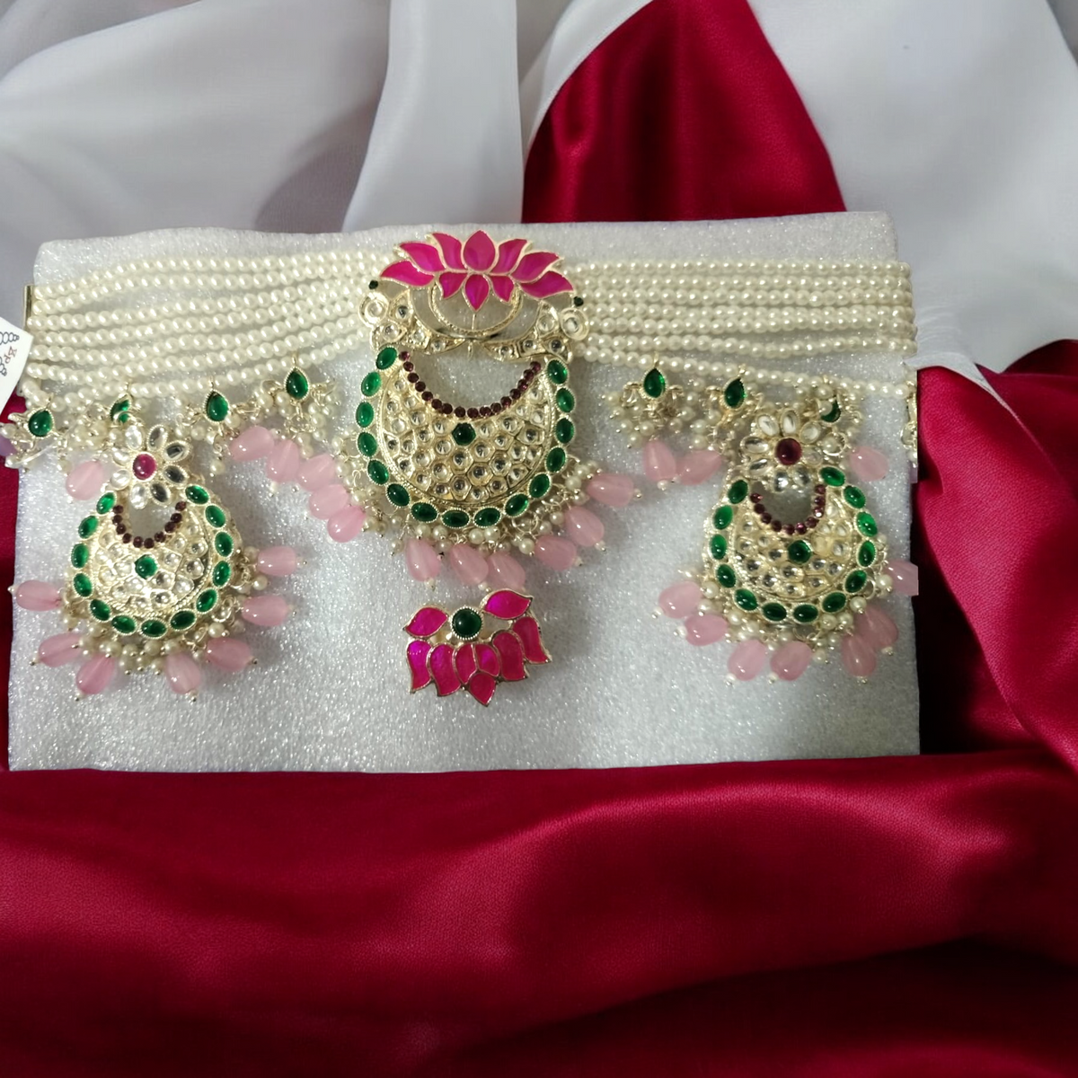 Pink Lotus Pearls Necklace Earring Ring Set, Meenakari Jewelry Set, Lotus Neckalce Earring, bridal Necklace, Wedding Earring - Libasaa.com