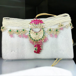 Pink Lotus Pearls Necklace Earring Ring Set, Meenakari Jewelry Set, Lotus Neckalce Earring, bridal Necklace, Wedding Earring - Libasaa.com