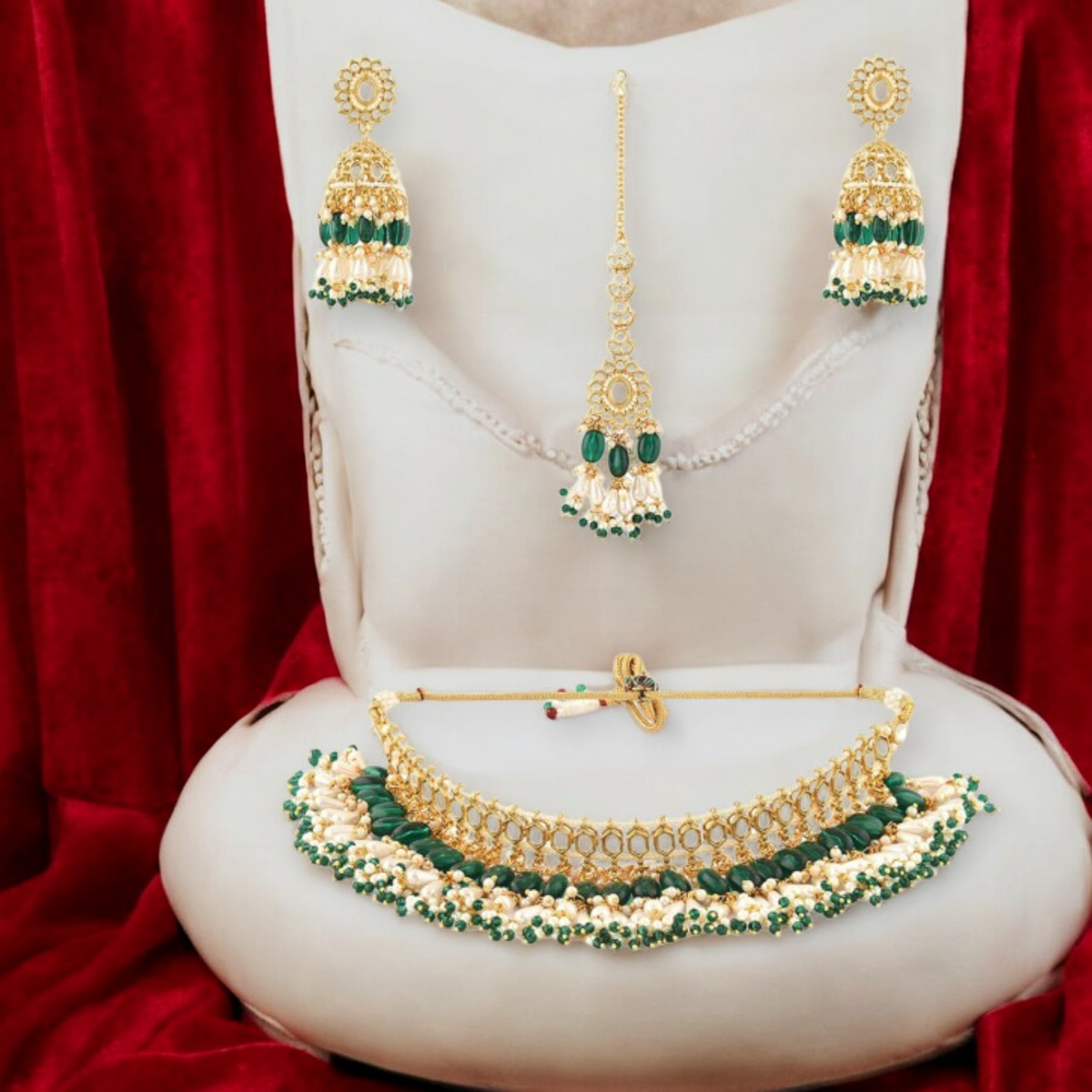 Indian Pearl Kundan Choker Jhumkas Maantika Set, Gold Plated Jewelry, Mangtika Set, choker jhumka set, Bridal Necklace mangtika set - Libasaa.com